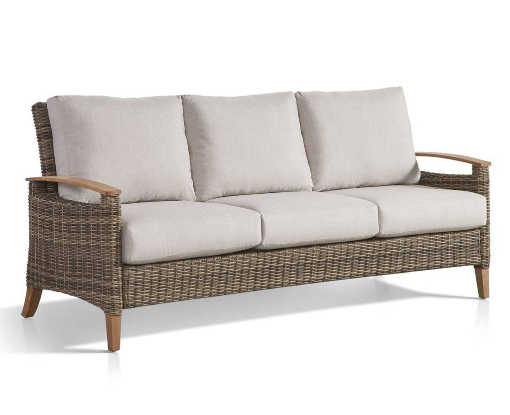 Outdoor Wicker Sofa with Teak Armrests and All-Weather Cushions