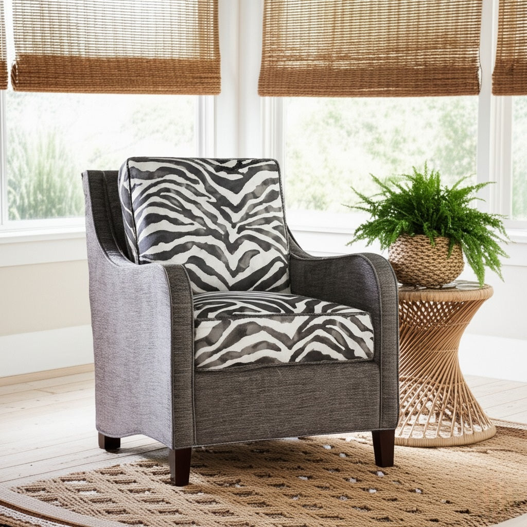 Accent Chair Zebra Print Two-Tone Upholstered Armchair with Tapered Wood Legs