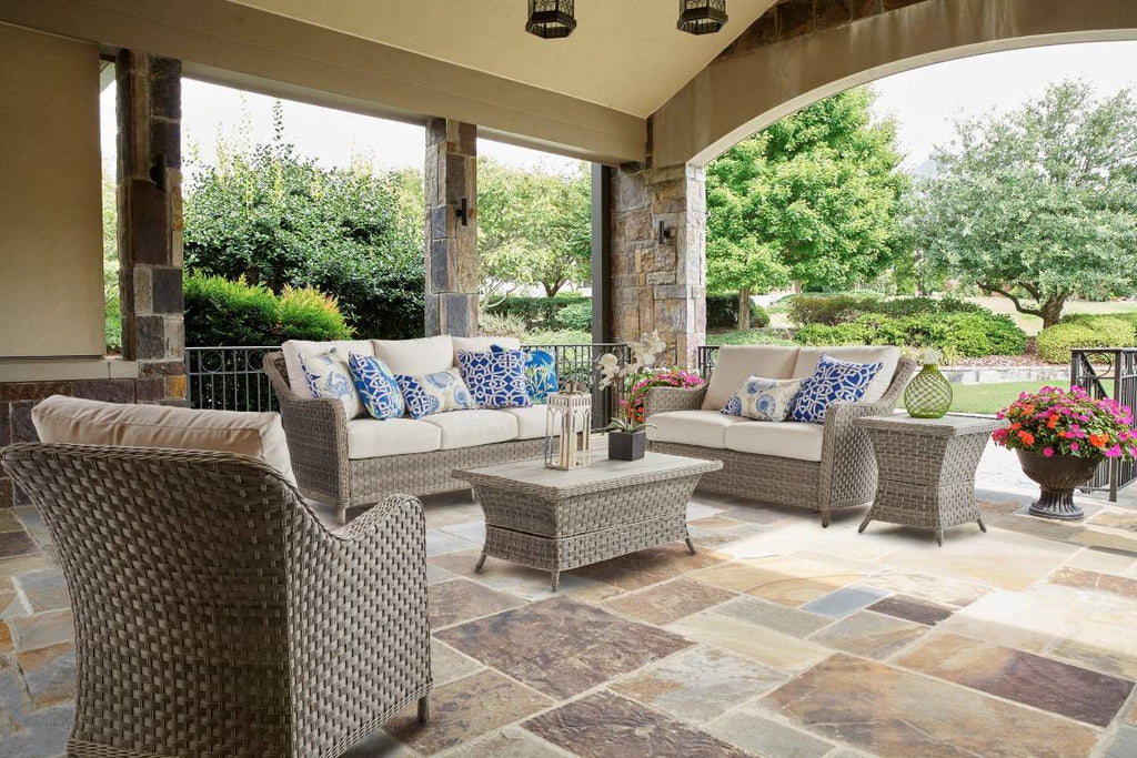 Outdoor Wicker Sofa Natural Brown with Beige Cushions