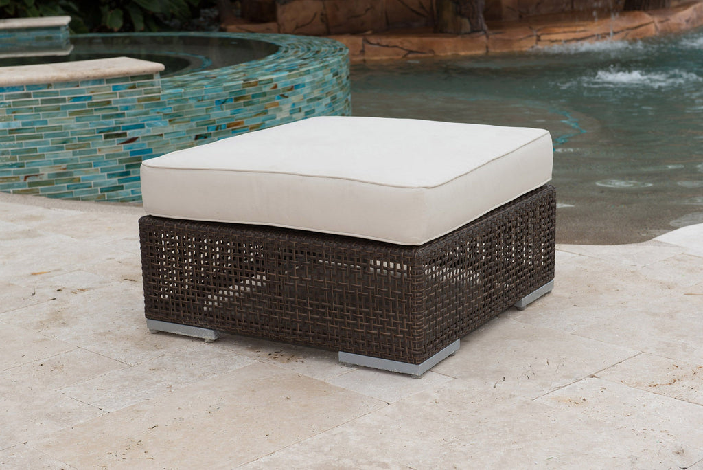 Outdoor Wicker Ottoman with Beige Cushion Dark Brown Rattan Patio Footrest