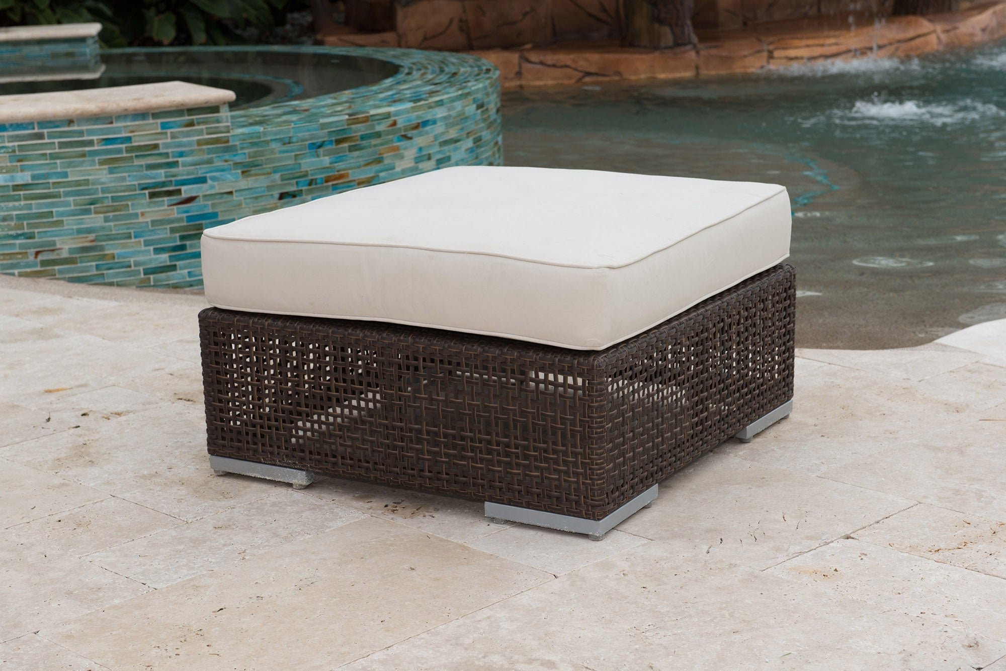 Outdoor Wicker Ottoman with Beige Cushion Dark Brown Rattan Patio Footrest