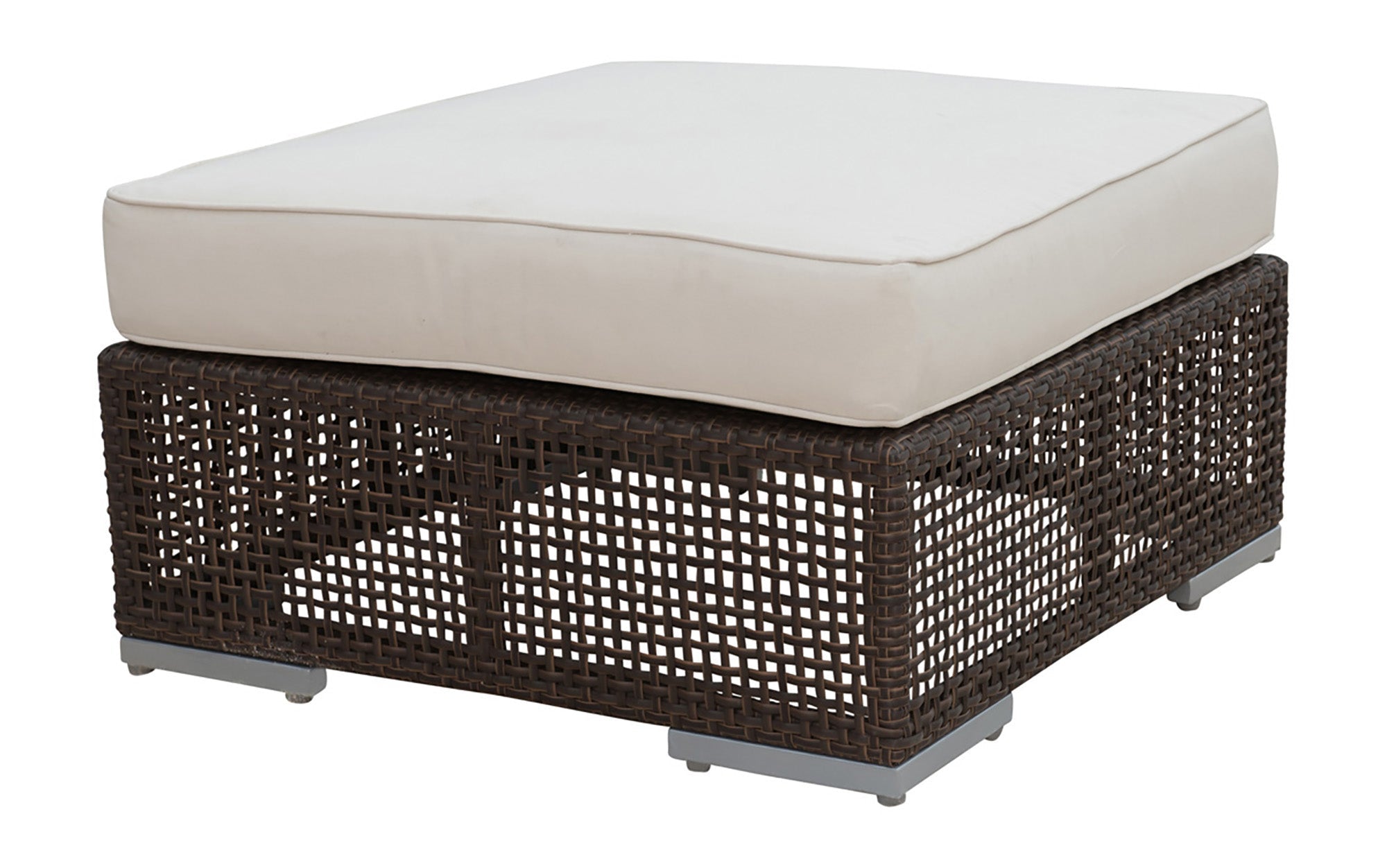 Outdoor Wicker Ottoman with Beige Cushion Dark Brown Rattan Patio Footrest
