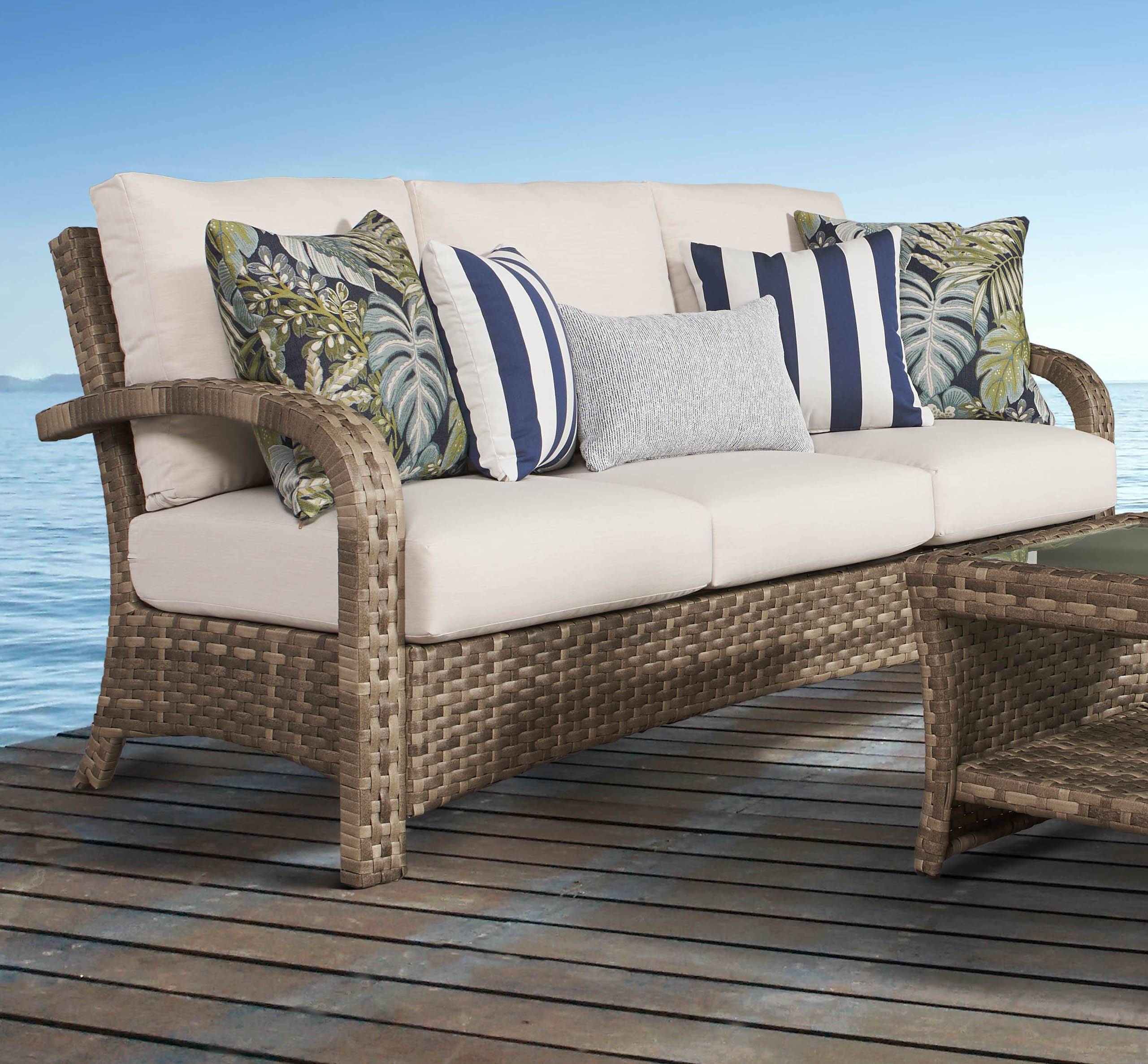 Outdoor Wicker Sofa with Beige Cushions Natural Finish Patio Seating