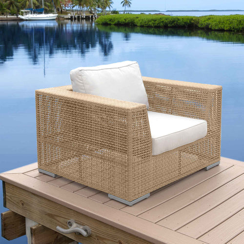 Austin Outdoor Wicker Loveseat with Natural Cushions and Side Table