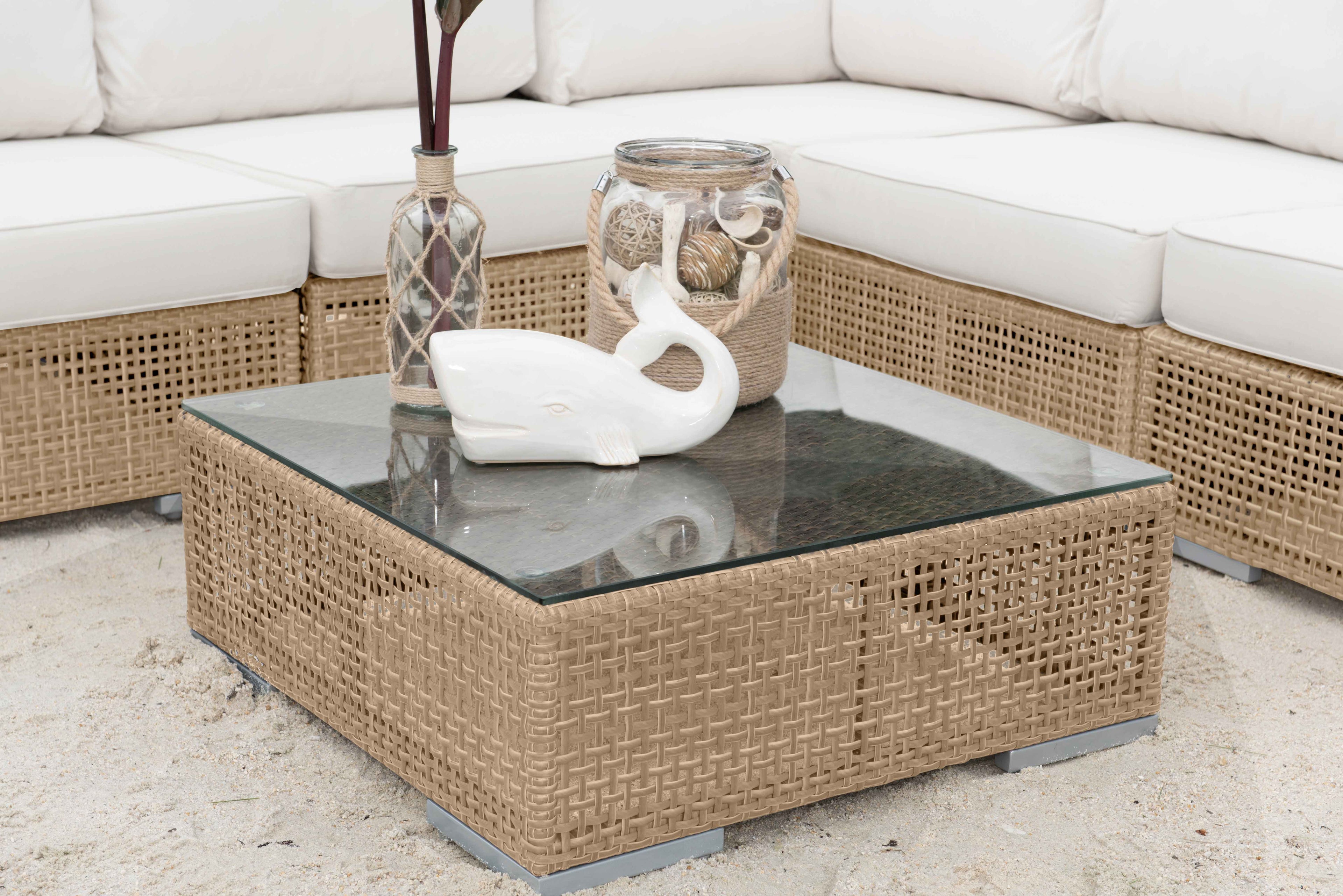 Austin Outdoor Wicker Loveseat with Natural Cushions and Side Table