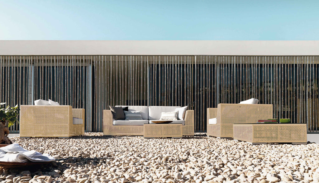 Austin Outdoor Wicker Loveseat with Natural Cushions and Side Table