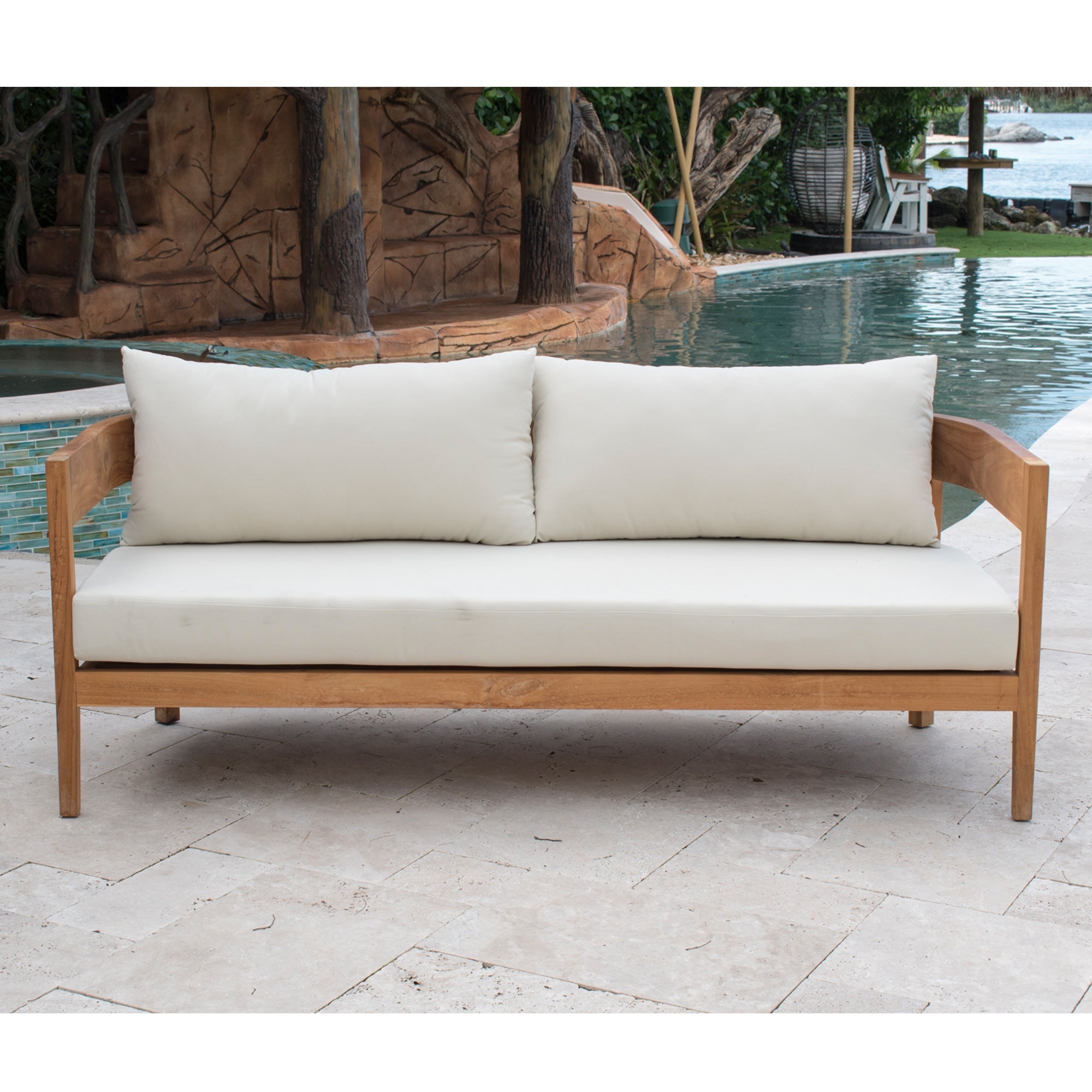 Bali Teak Outdoor Sofa Natural Finish with Cream Cushions