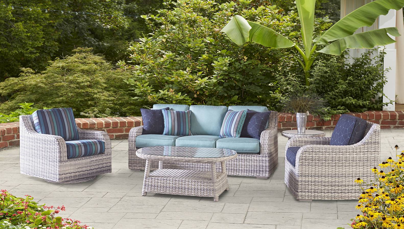 Outdoor Wicker Ottoman with Cushion Weather-Resistant Aluminum Frame ICE Finish