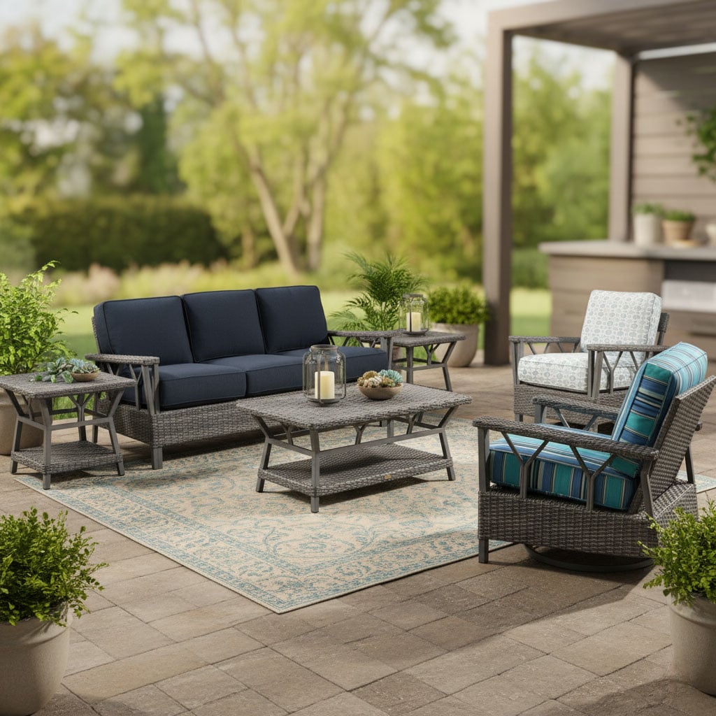 St Croix Outdoor Wicker Patio Lounge Chair with Navy Blue Cushions