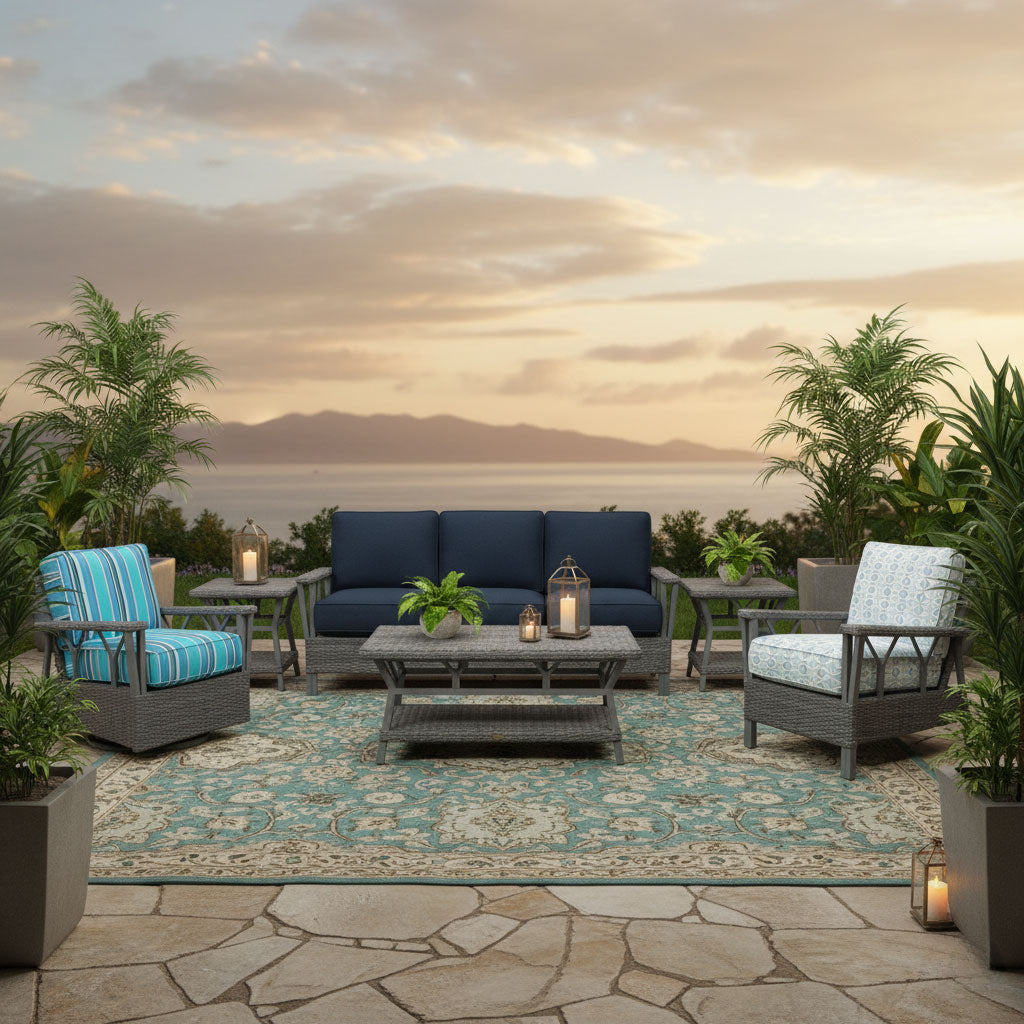 St Croix Outdoor Wicker Patio Lounge Chair with Navy Blue Cushions