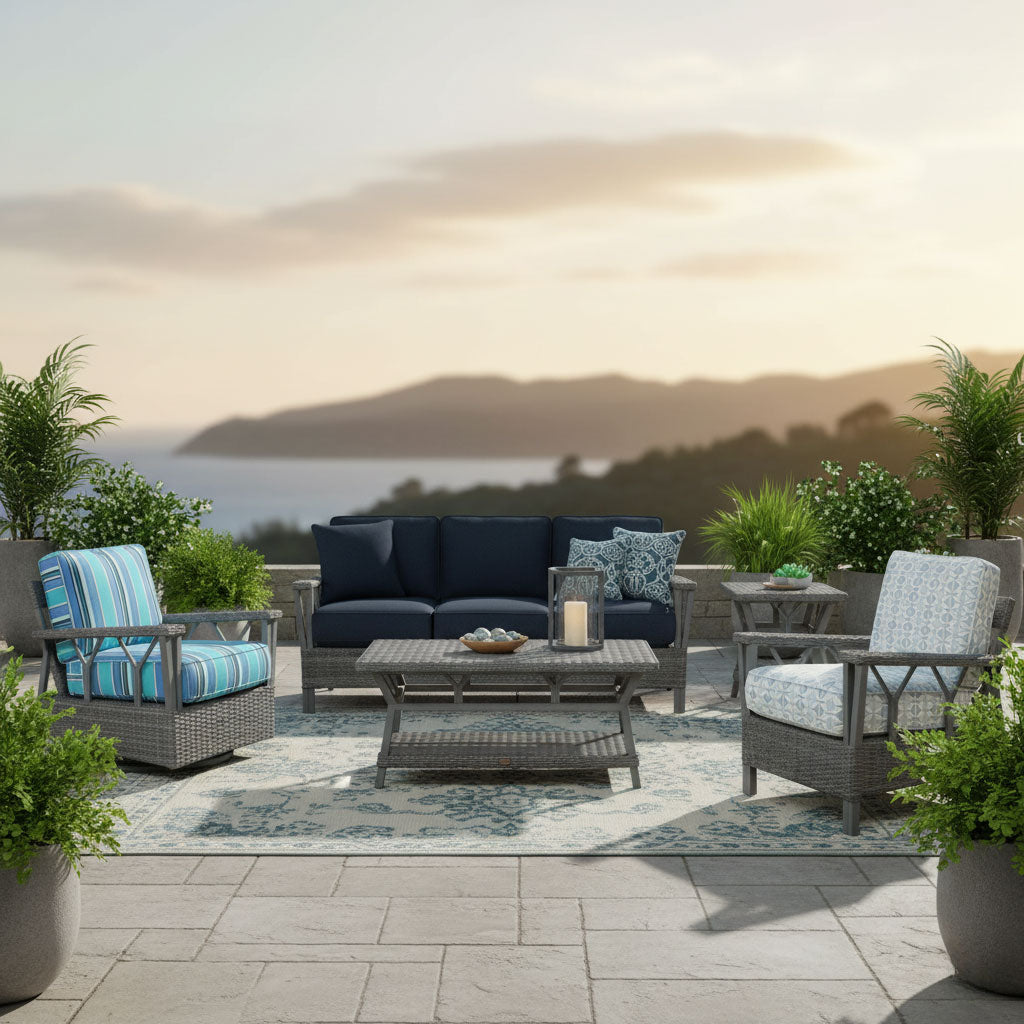 St Croix Outdoor Wicker Patio Lounge Chair with Navy Blue Cushions
